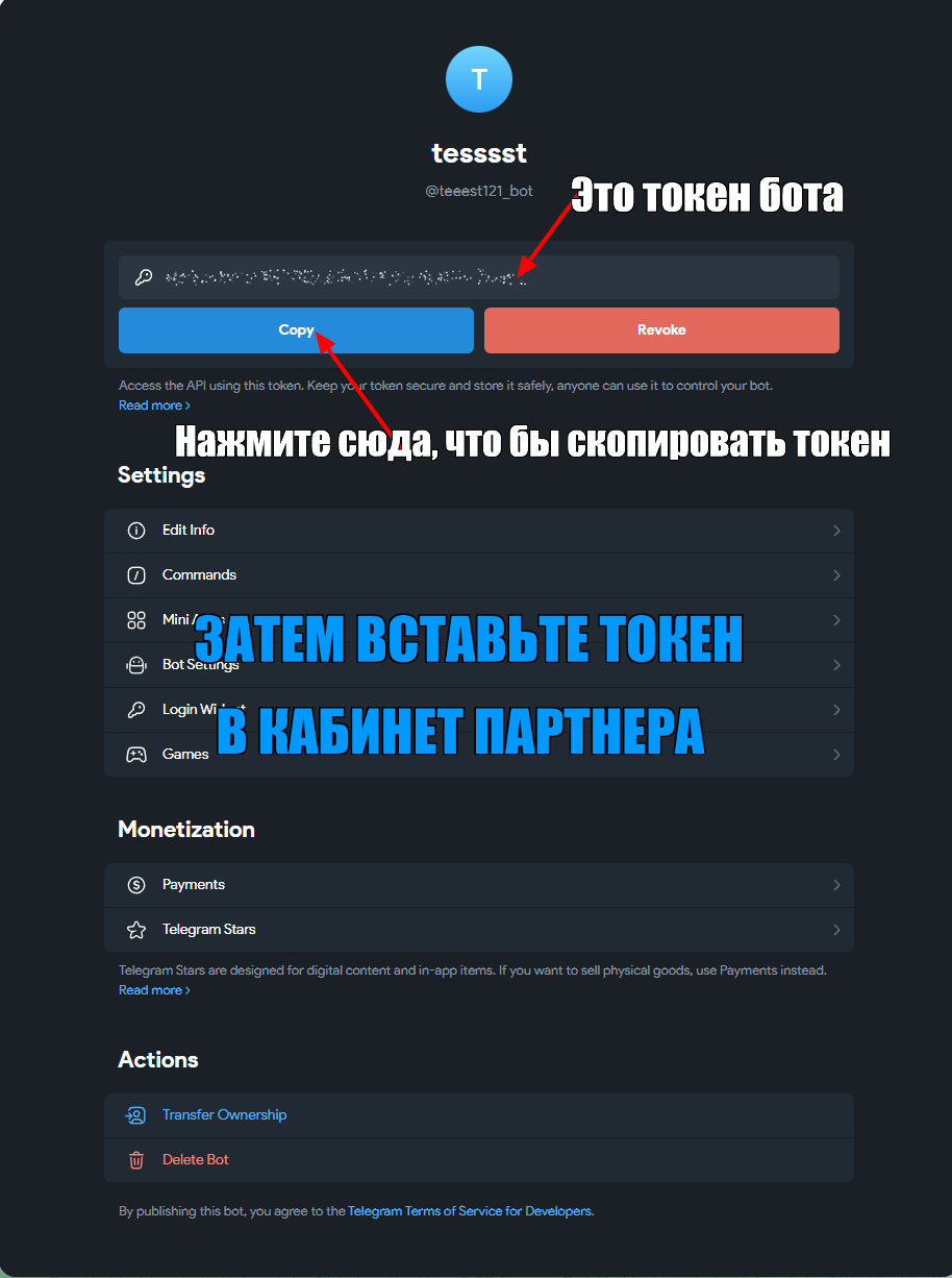 Токен бота и кнопка Copy